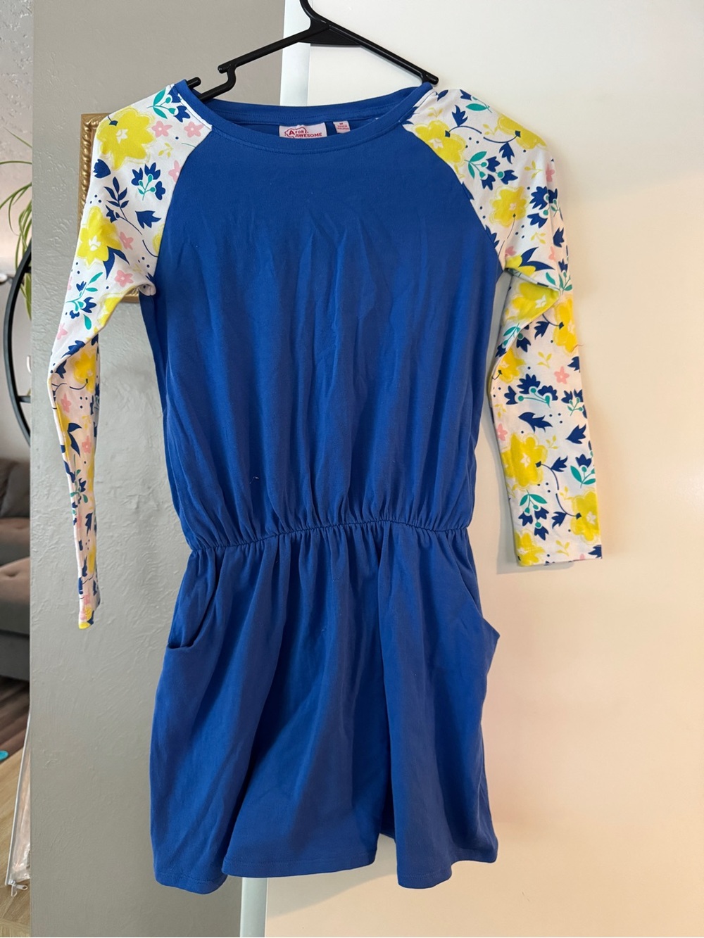 Girls Blue Floral Sleeve Knit Dress M